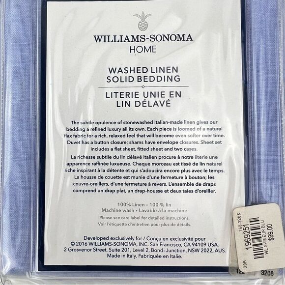 Williams Sonoma Washed Linen Euro Sham Blue 26x26 New - Picture 4 of 4